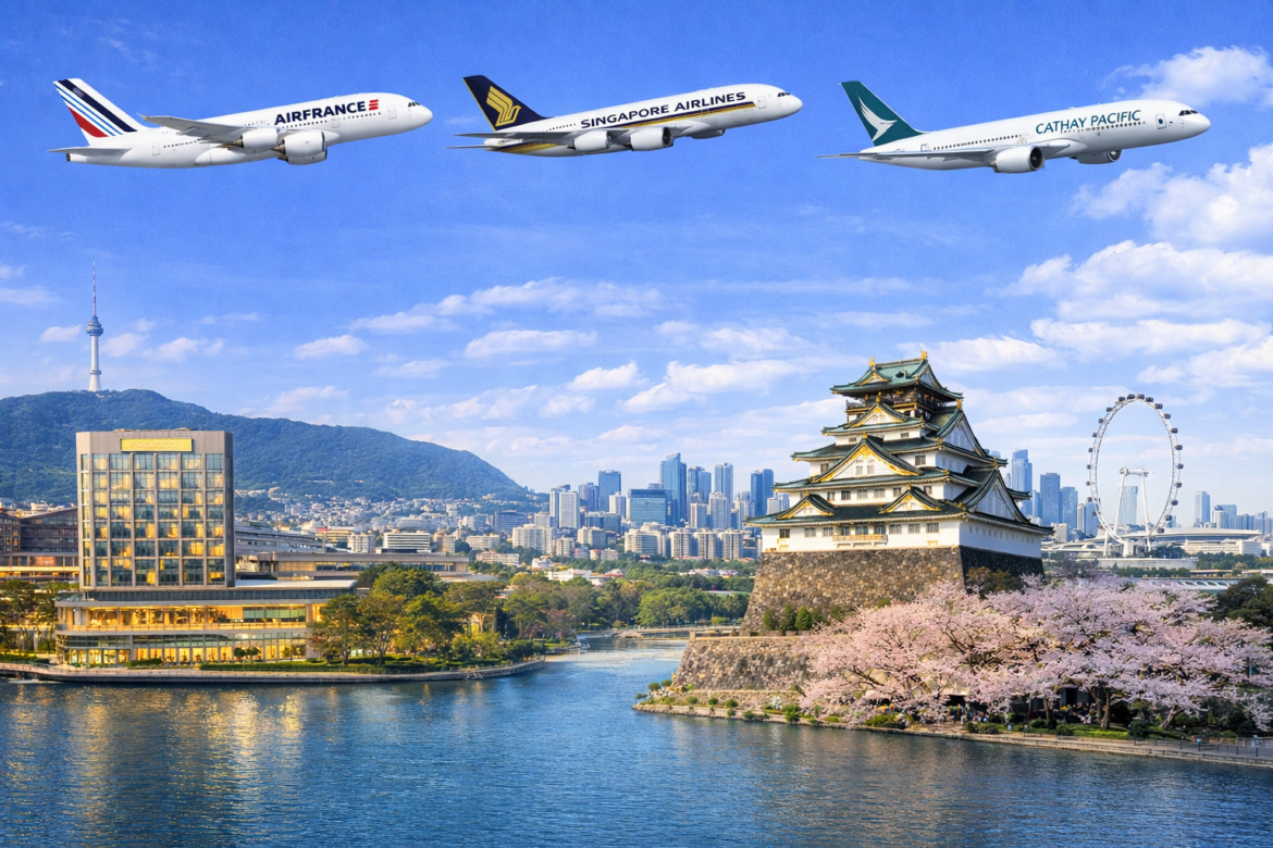 a group of airplanes flying over a city