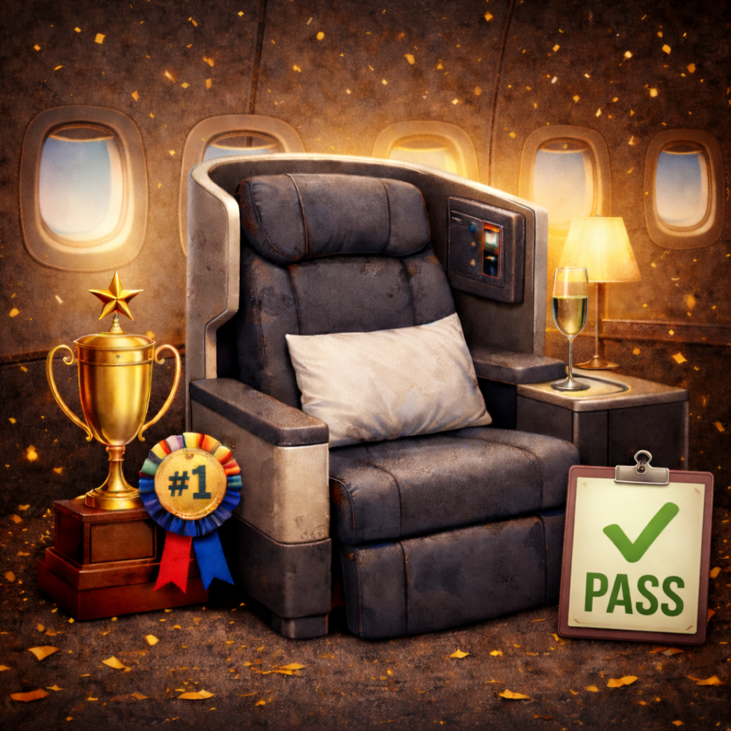 a chair with a trophy and a sign in front of windows