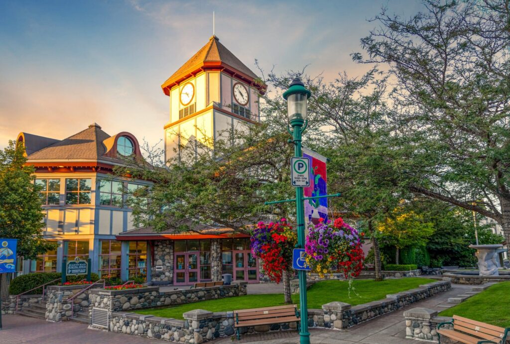 a clock tower in a town square