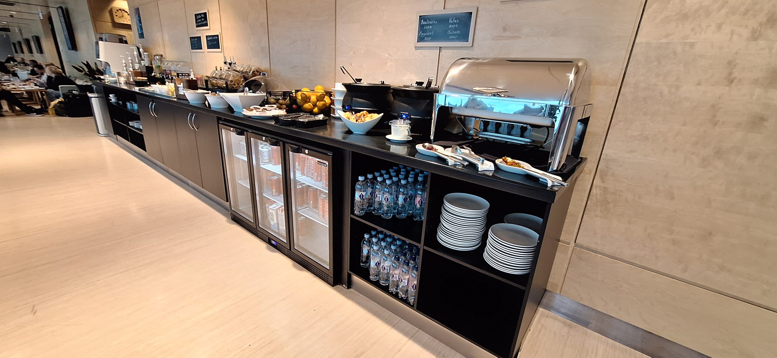 a buffet with food on the counter