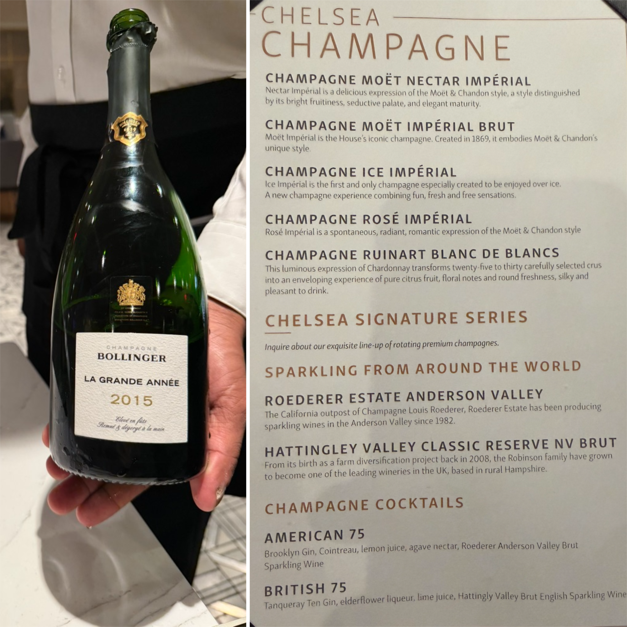 a bottle of champagne with a menu