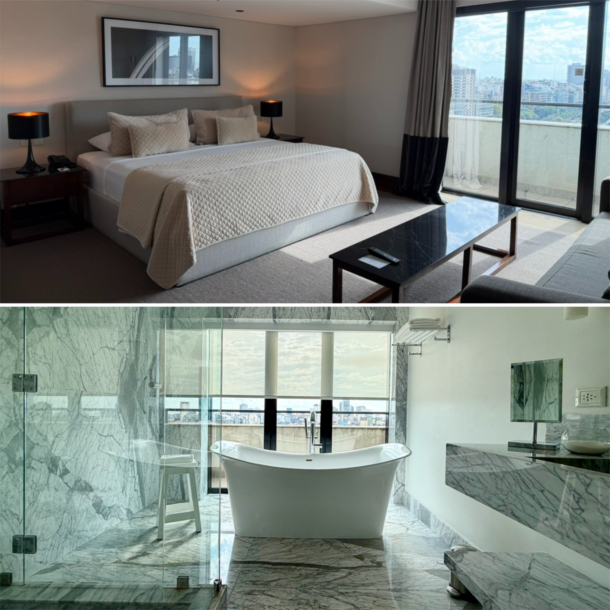a bedroom with a bathtub and a window