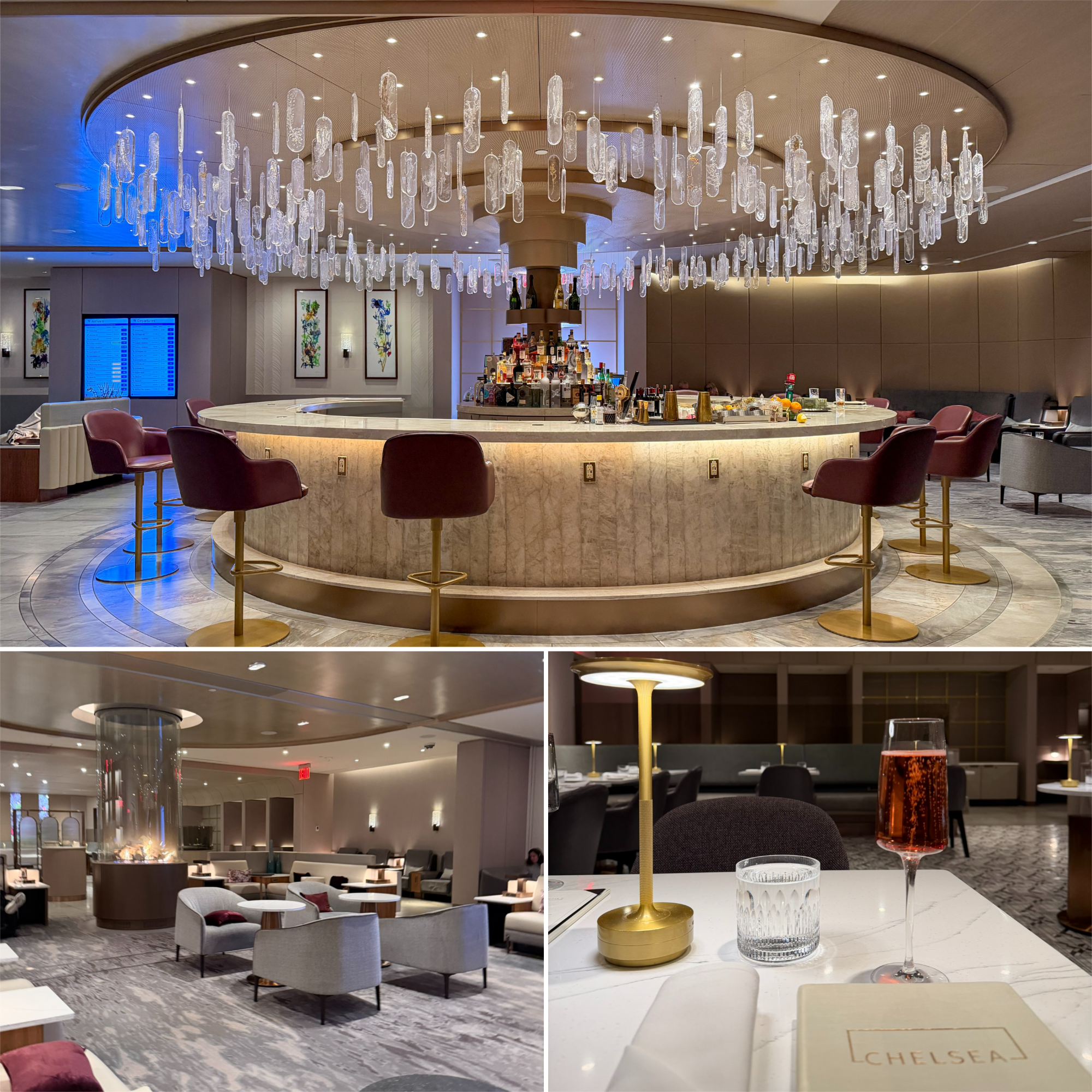 a collage of a room with a bar and a chandelier