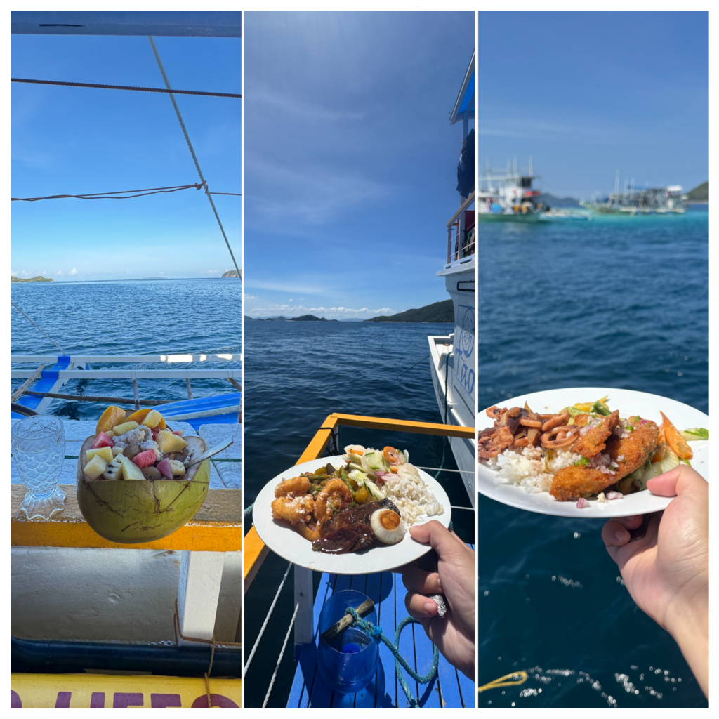 a collage of food on a boat