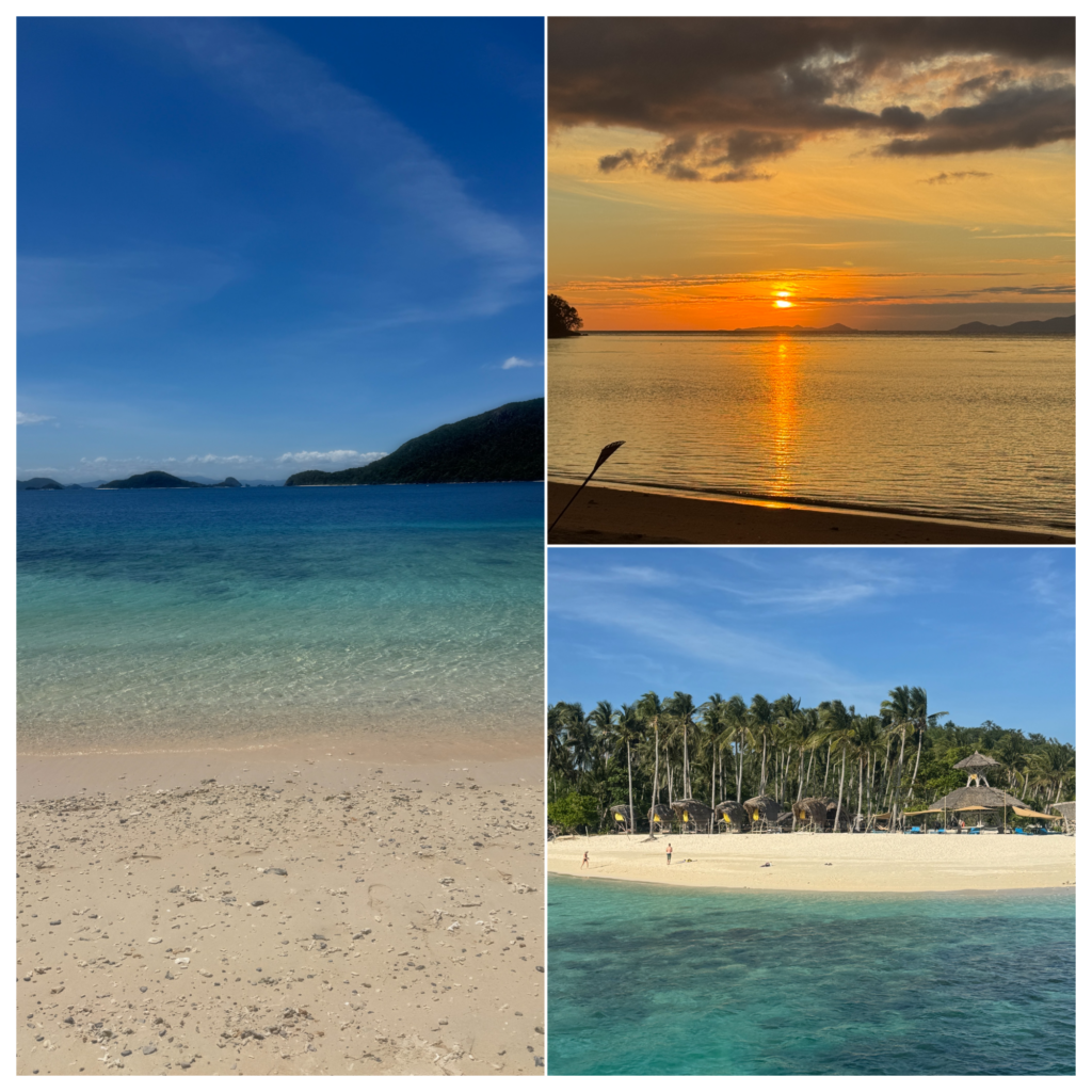 a collage of a beach and a sunset
