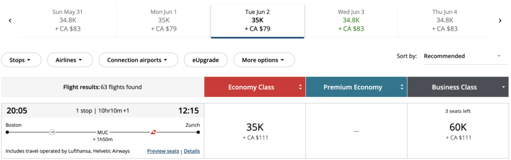 Aeroplan search results