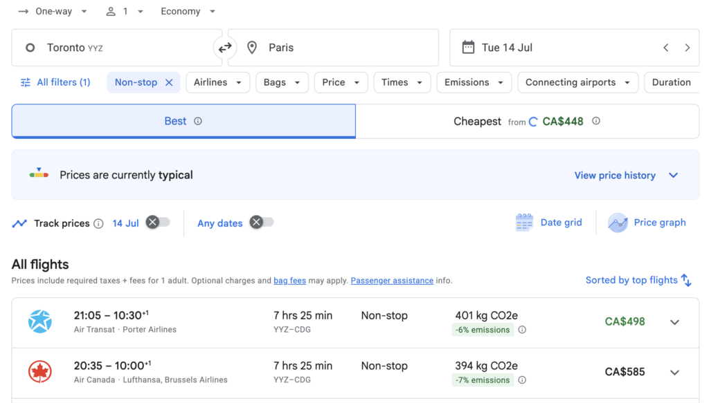 Google Flight search