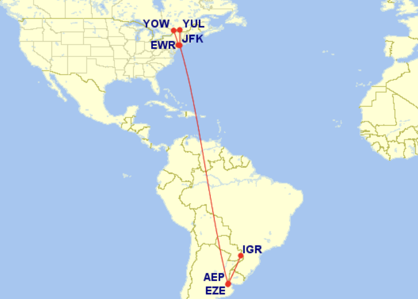 a map of the world with a route