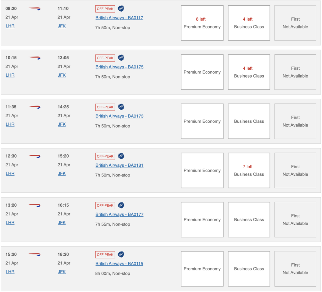 British Airways Avios search results