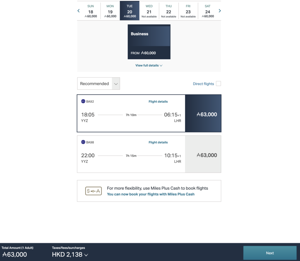 Asia Miles redemption on British Airways