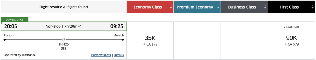 Aeroplan Lufthansa first class redemption