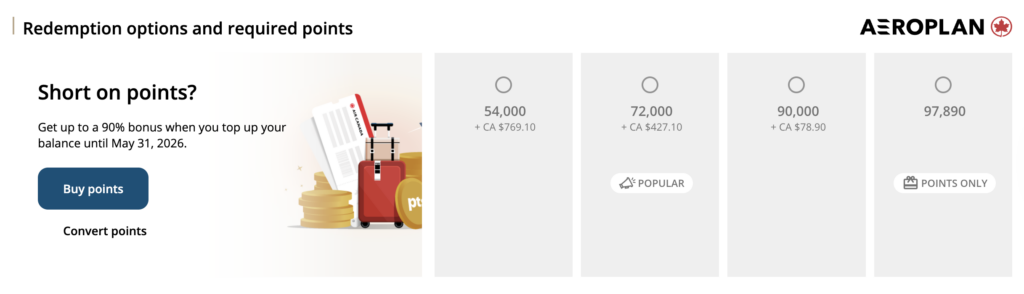 Aeroplan redemption options