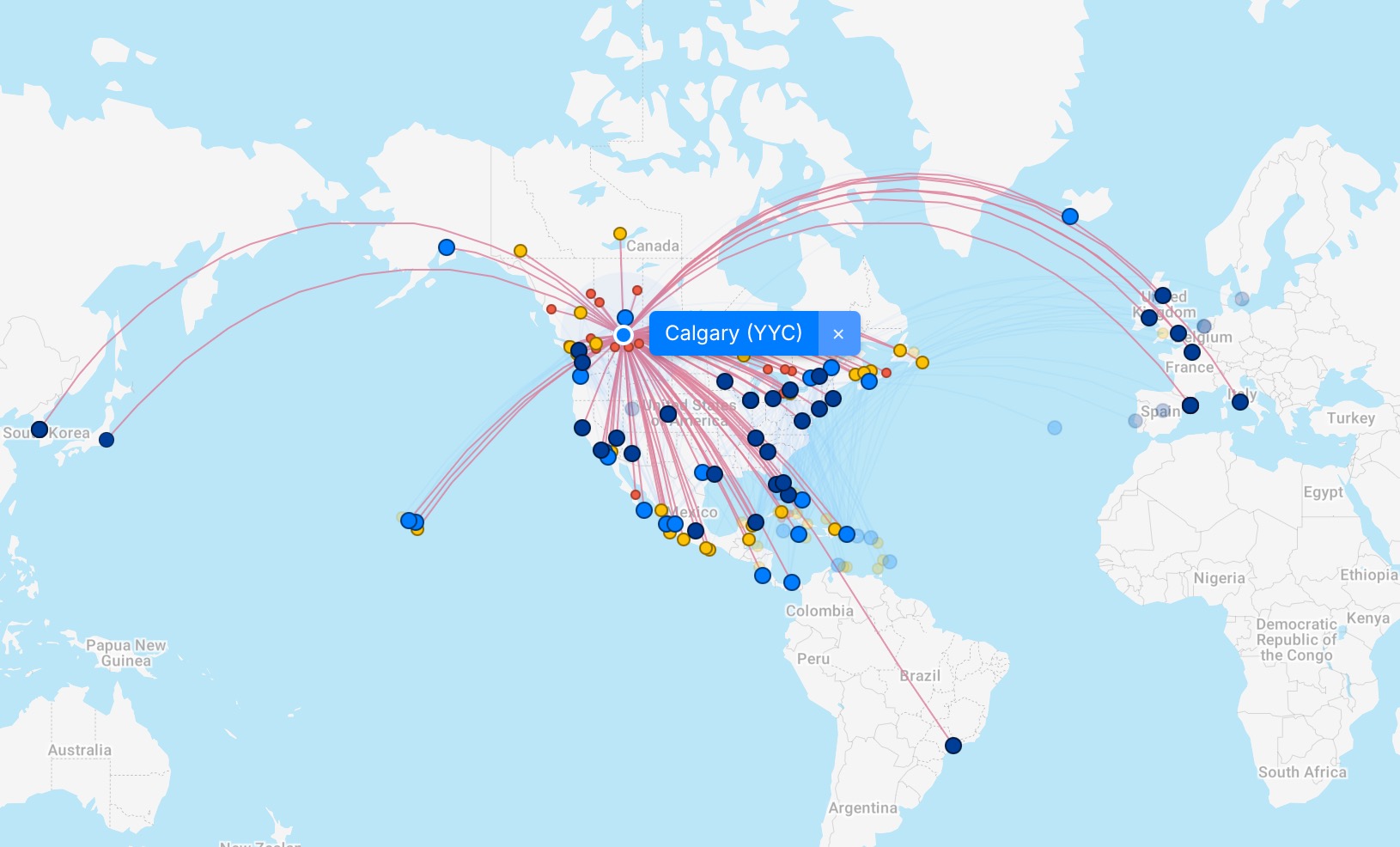WestJet Calgary stopover a map of the world with points and lines
