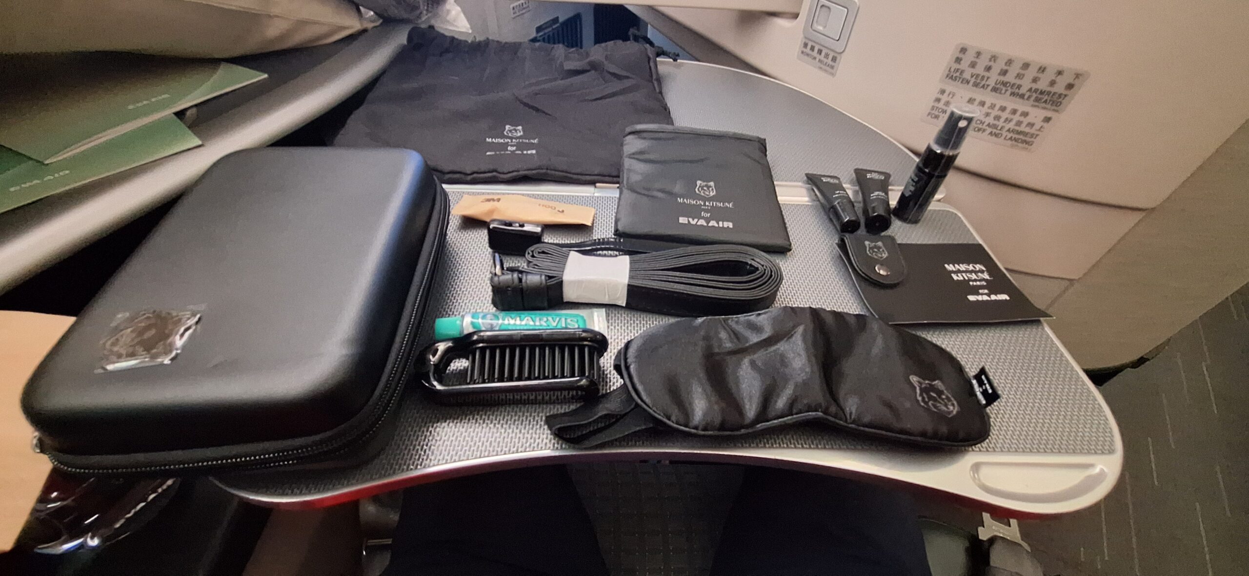 EVA Air Business Class a table with items on it