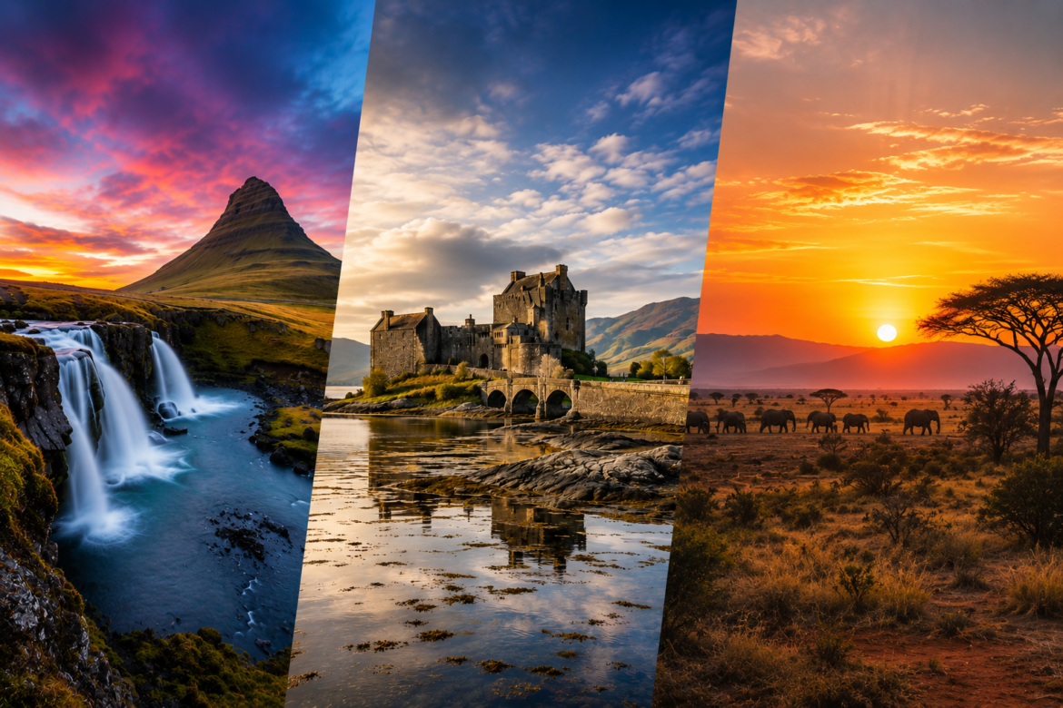 a collage of different pictures of a castle and a river