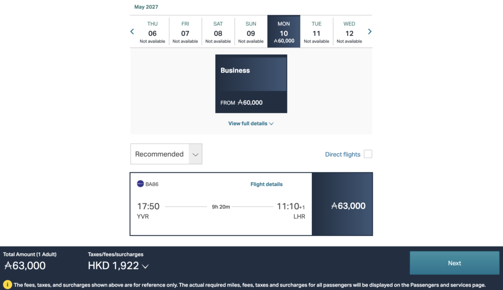 Asia Miles redemption on British Airways