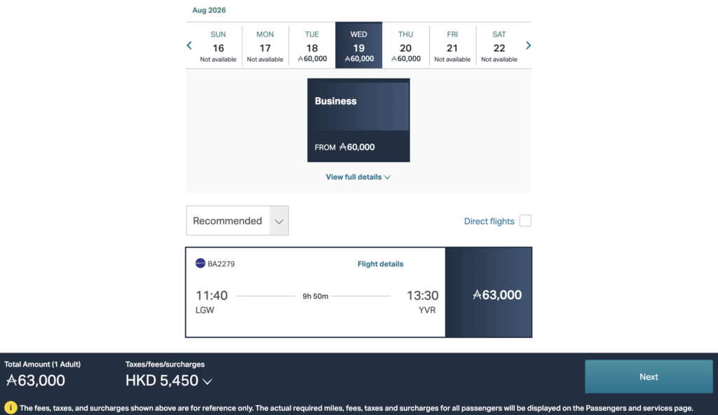 Asia Miles redemption on British Airways
