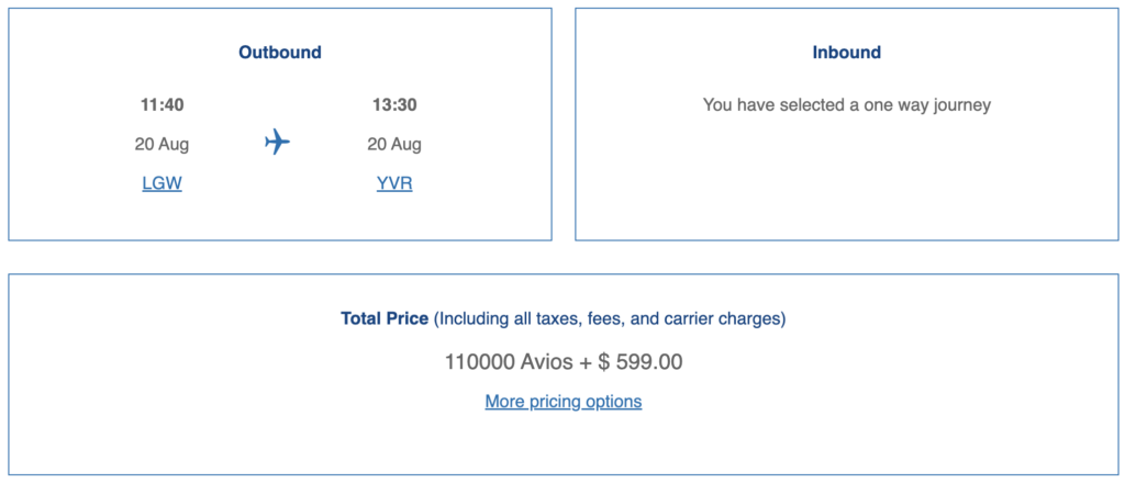 Avios redemption on British Airways