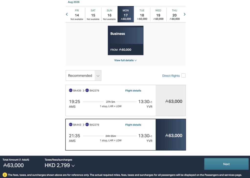 Asia Miles redemption on British Airways