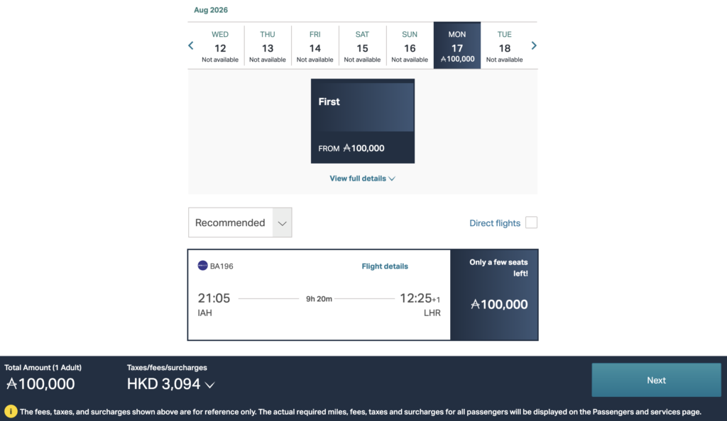 Asia Miles redemption on British Airways