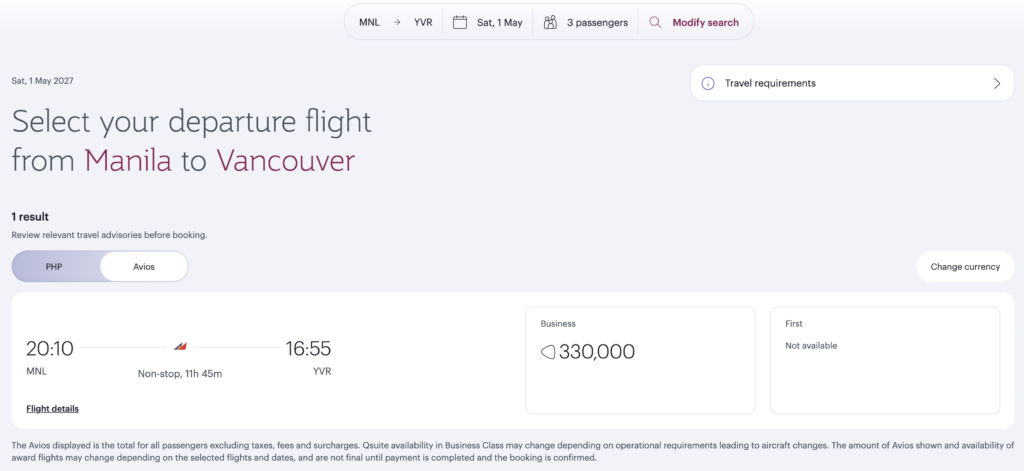 Redeem QR Avios for Philippine Airlines