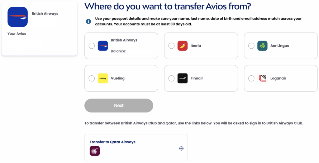 Transfer Avios