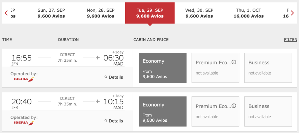 Iberia Avios economy flight redemption