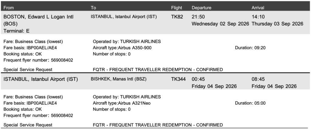 Aeroplan redemption Turkish