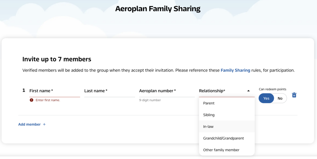 Aeroplan family sharing