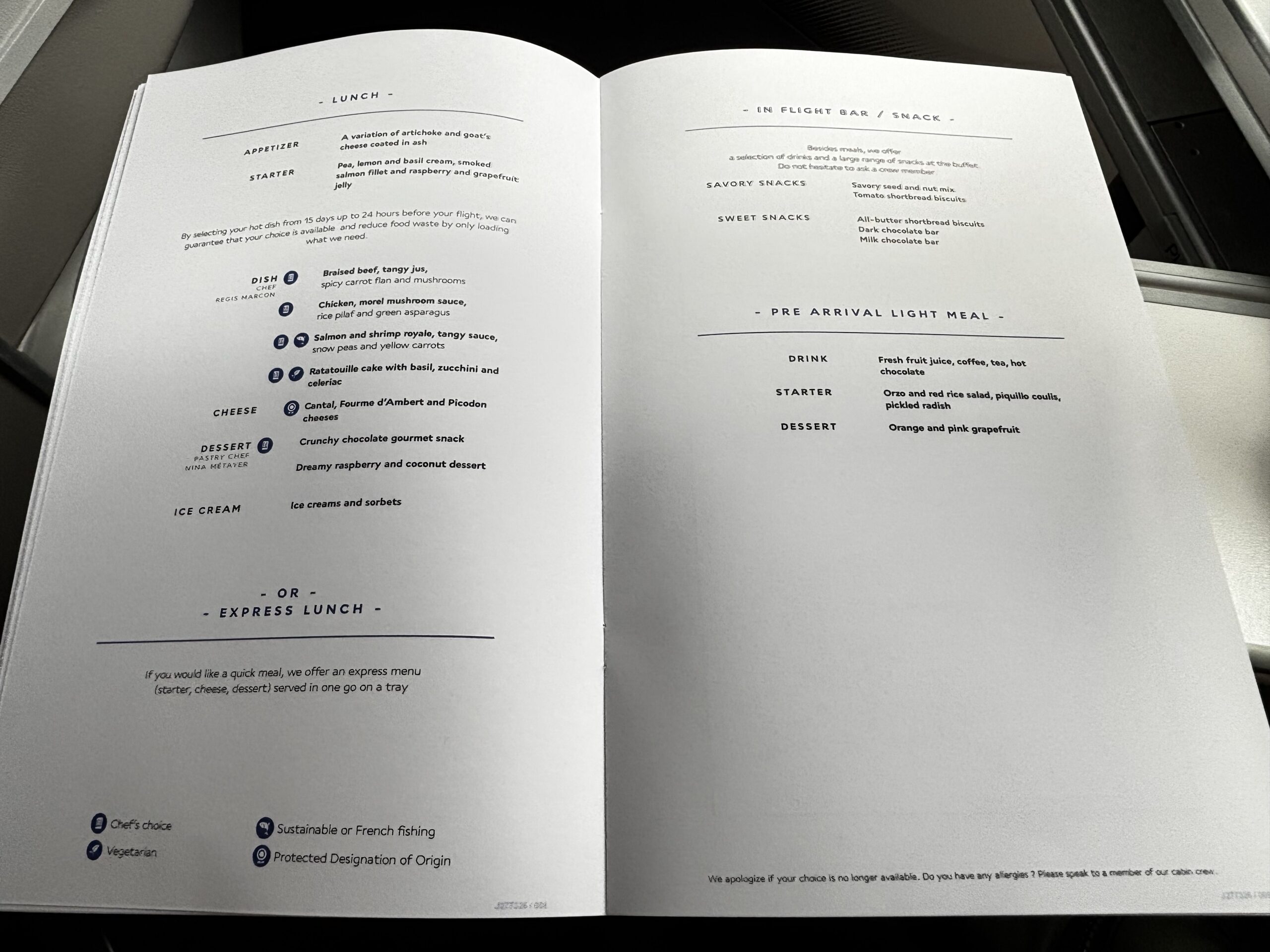 Air France - Lunch and Pre-arrival menu