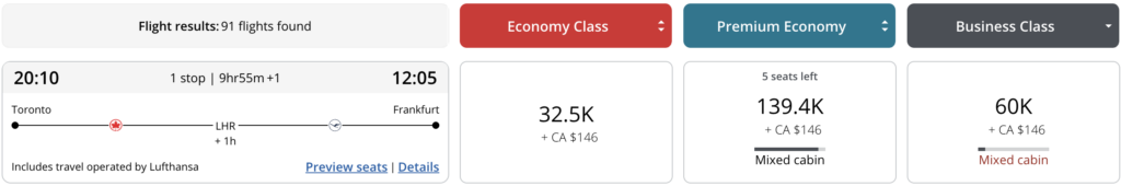 Aeroplan redemption mixed cabin